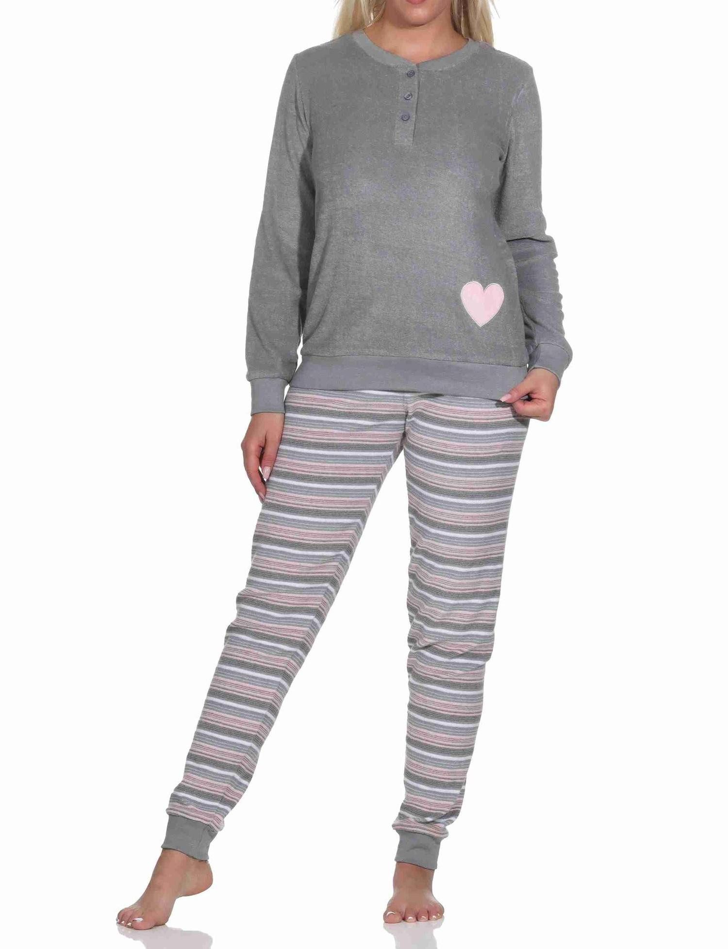 Pyjama Wunderschöner Damen Frottee Schlafanzug mit Bündchen und Herz-Motiv