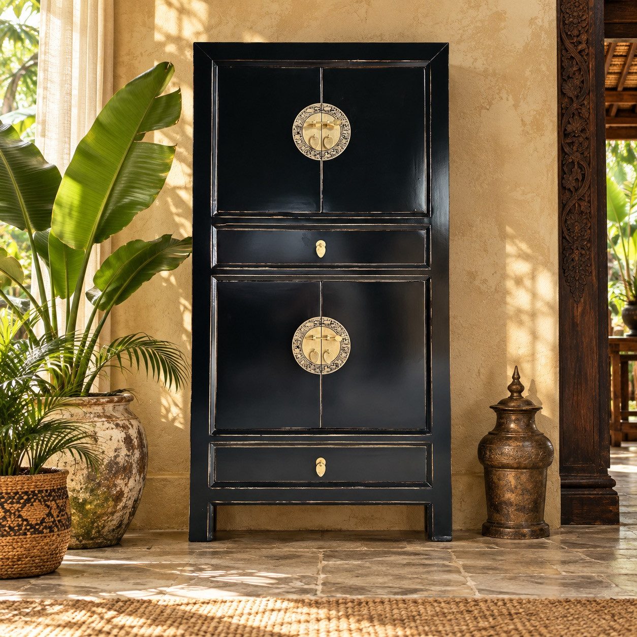 OPIUM OUTLET Kleiderschrank Schrank Hochzeitsschrank Asia Möbel komplett montiert (Wohnzimmer Schlafzimmer Antik-Stil, Hoch-Kommode BxTxH: 80x42x154 cm) Vintage-Stil asiatisch chinesisch orientalisch
