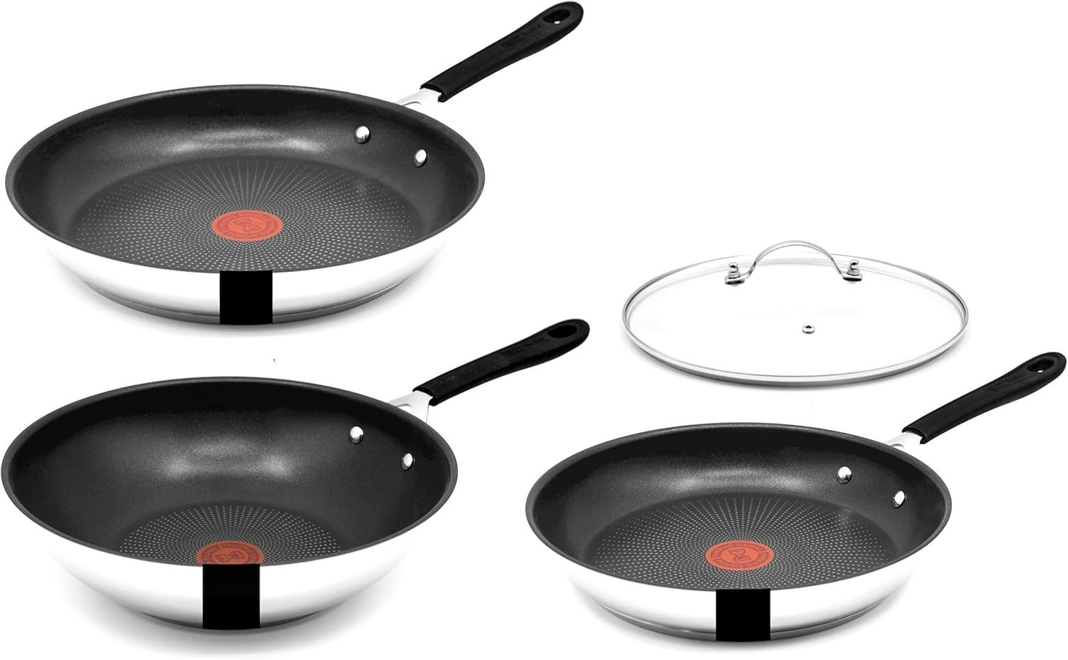 Tefal Pfannen-Set Jamie Oliver E76 Pfannenset 24,28cm + Wok 28cm + Deckel, Edelstahl 18/10 (Pfanne, Bratpfannen Set, Pfannenset, Wok, Wokpfanne, Pfannen + 1 Wender & Schoner Antihaftbeschichtet Pfannenset mit Deckel), Antihaftbeschichtet