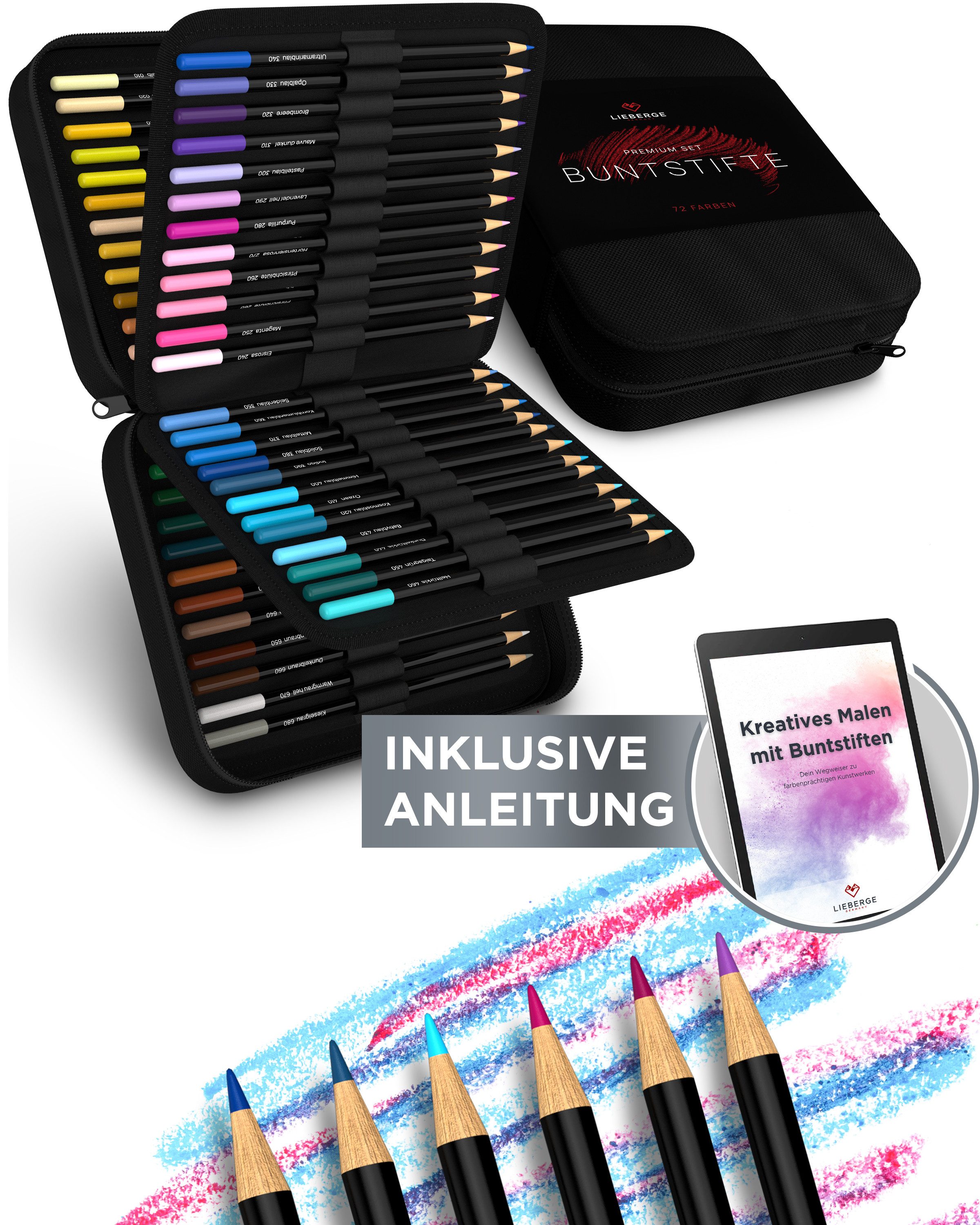 LIEBERGE Buntstift Premium Set 72 Farben in Profi-Nylon-Etui, (Set, 72 Buntstifte in Profi-Nylon-Case), 72 intensive abgestimmte Farben, weiche bruchsichere Mine
