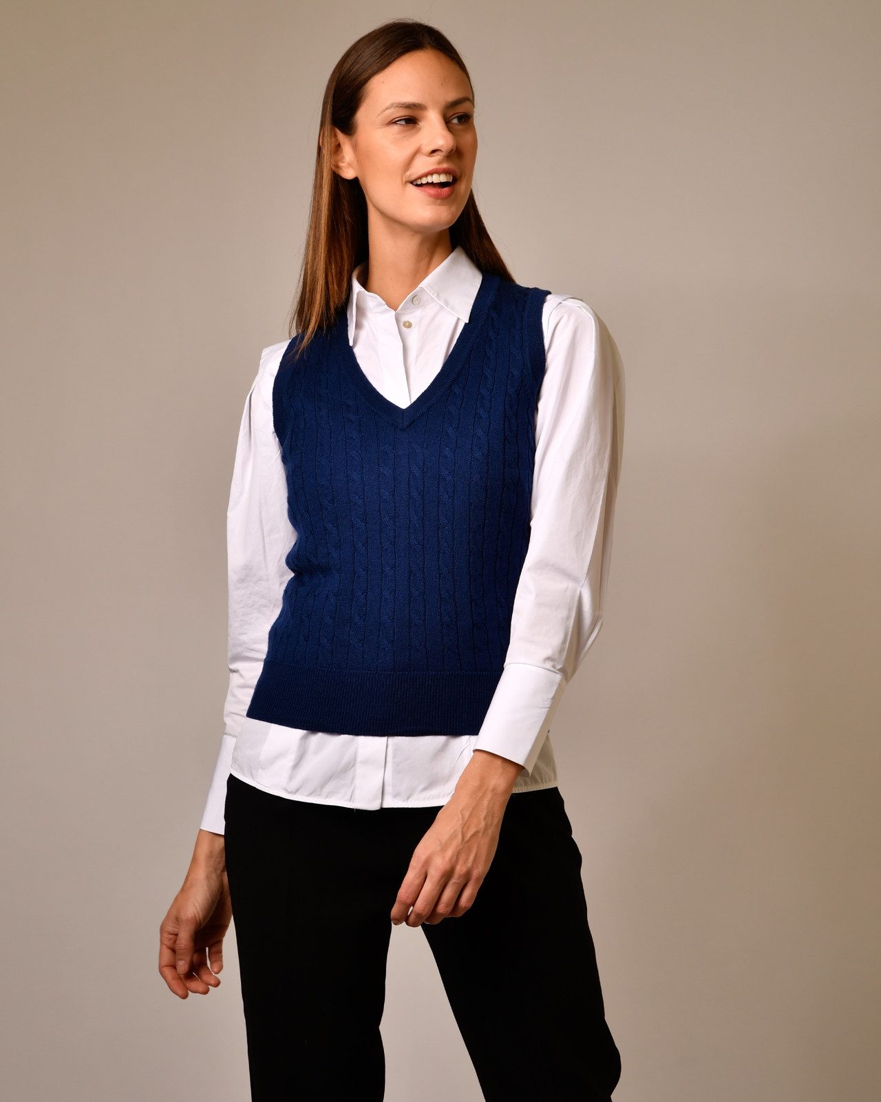 MayTree Pullunder Damenpullunder V-Kragen nachtblau L (Stück, 1-tlg) 100% Merino