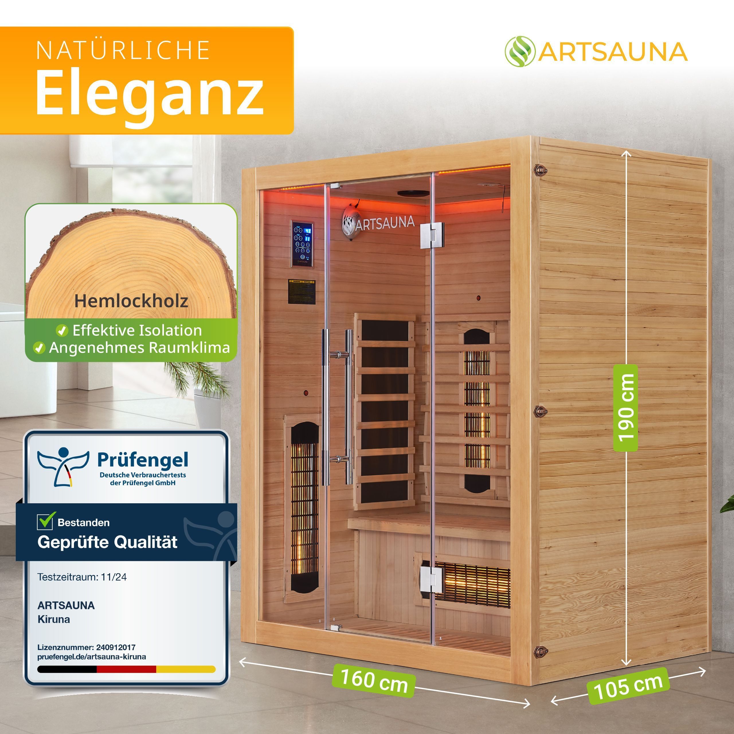 Artsauna Infrarotkabine Kiruna160 Dual Technologie, BxTxH: 160 x 105 x 190 cm, für 3 Personen, Hemlockholz, HiFi-System, Bluetooth, LED-Farblicht