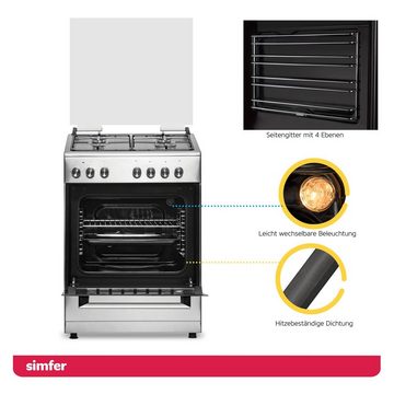 Simfer Gas-Standherd SMF FS 6031, 60 cm, Gaskochfeld mit Elektro-Backofen, 66 Liter Garraum, mit Teleskopauszug nachrüstbar, Grillfunktion, Seitengitter, Timer, Elektrische Taktfunkenzündung