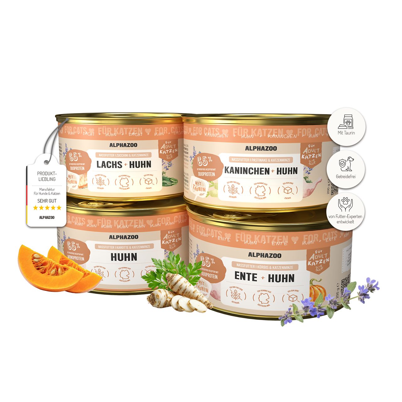 ALPHAZOO Probierschmaus Katze 4x200g, hochwertiges Probierpaket ohne Getreide Zucker, Nassfutter für: Katzen, Mixpaket mit 4 Sorten / Ente, Kaninchen, Lachs & Huhn