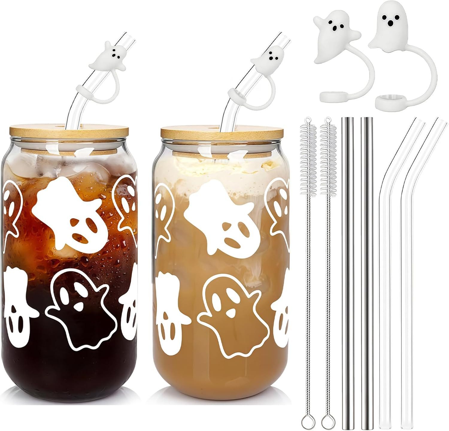 FELIXLEO Gläser-Set Halloween Tumbler Set,2 Geister Gläser mit Deckel, Glasstrohhalm, 20oz, 1-tlg.