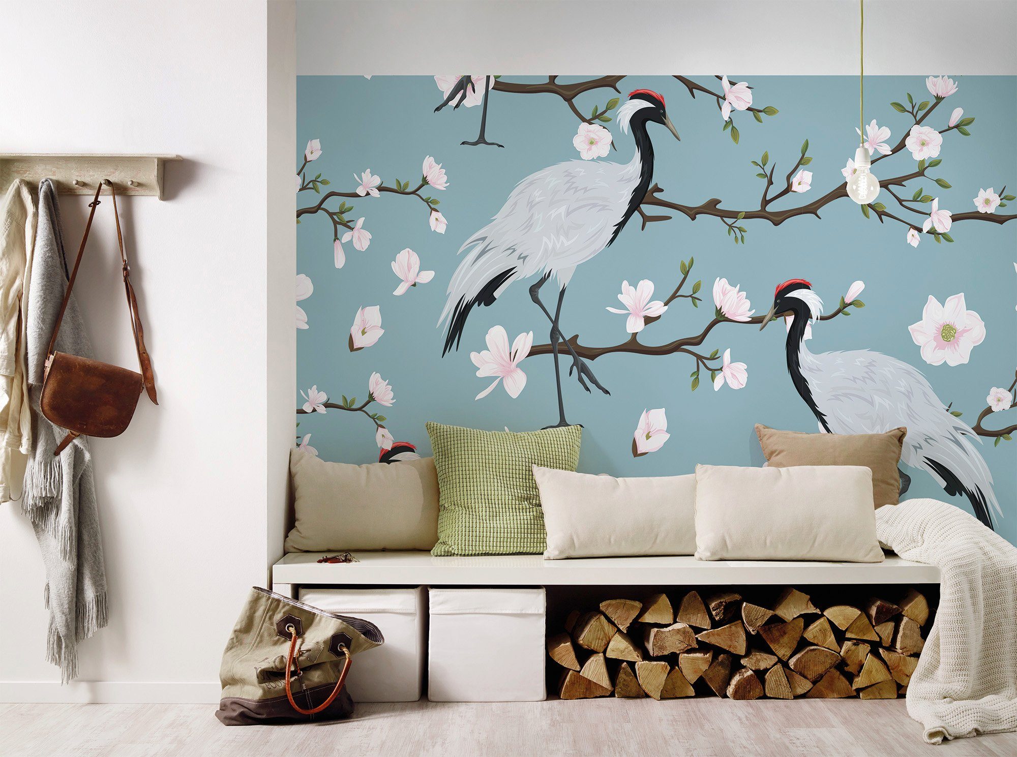 St), glatt, Decke Japanese walls living Schräge, Fototapete Designwalls Wand, Cranes, (5 Vlies,