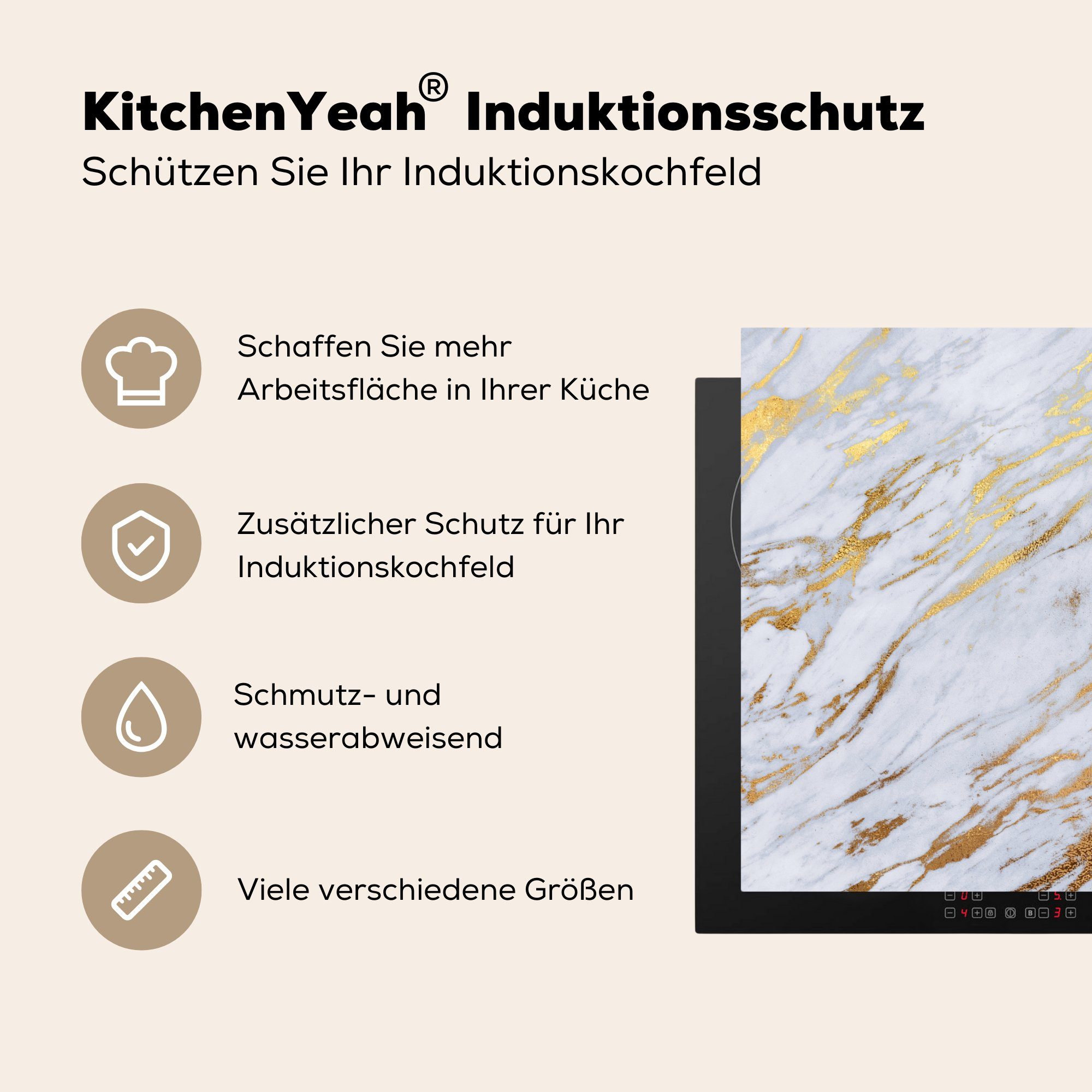 Ceranfeldabdeckung, (1 cm, Weiß, - für tlg), - küche Arbeitsplatte Muster Vinyl, Herdblende-/Abdeckplatte - Gold Marmor MuchoWow 78x78