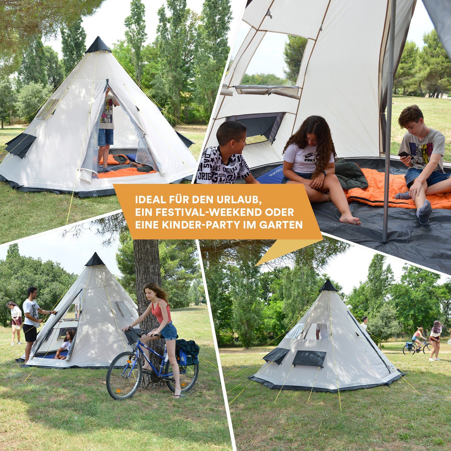6 (beige/d'grau), wasserfest, Outdoorzelt Campingzelt, Zeltboden Tipii Tipi-Zelt Personen Skandika eingenähter