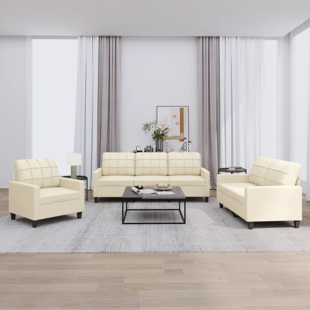 vidaXL Sofa 3-tlg. Sofagarnitur mit Kissen Creme Kunstleder