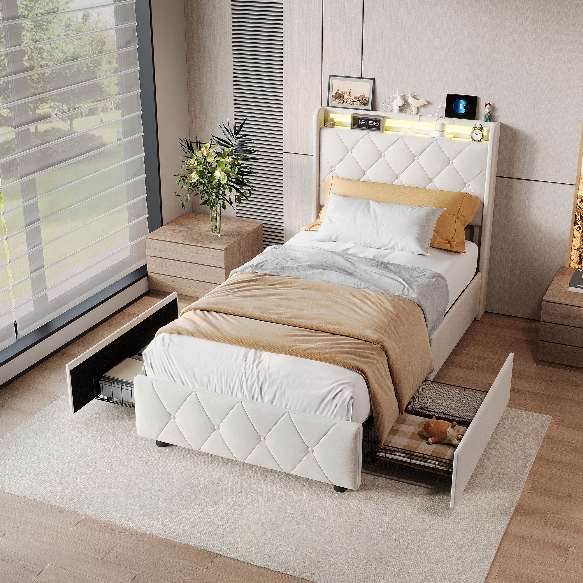Simurq Polsterbett Einzelbett 90x200 mit 2 Schubladen, Jugendbett, Polsterbett, Gästebett, Bettgestell, Mit Lattenrost, mit USB-Ladestation …