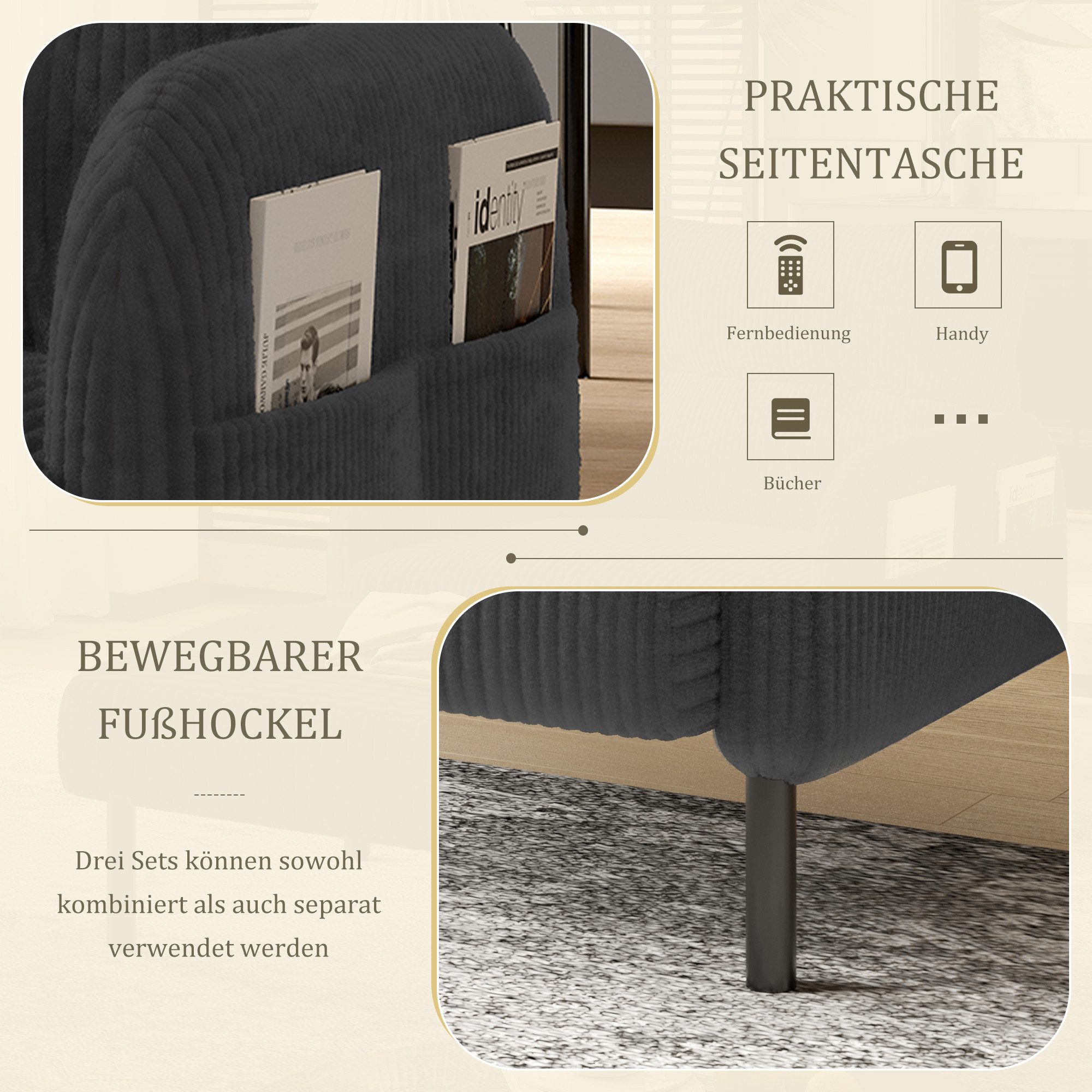 Celya Sessel Relaxsessel Polsterstuhl Loungesessel, Cordstoff (1-St, 67x75x79 cm, Armlehnen mit Seitentaschen auf beiden Seiten), geeignet für Wohnzimmer, Schla – Bild 3 von 5