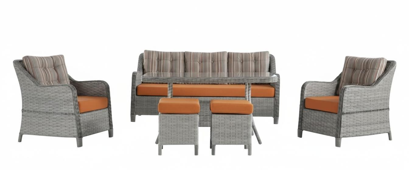 Xlmoebel Gartenlounge-Set Terrassenset mit Sofa, Sessel, Tisch und Hocker in Grau-Orange, (Gartenlounge-Set, 5-tlg., Gartenlounge-Set Grau-Orange), Made in Europa