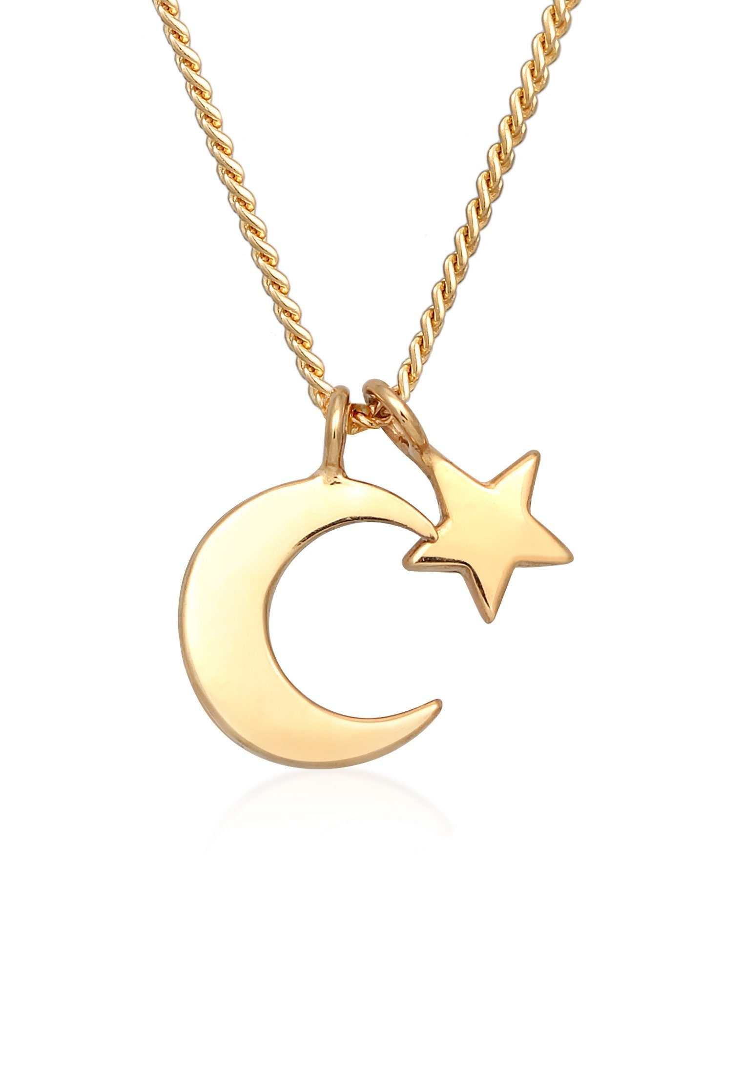 Valentinstagsgeschenk Elli Premium Kette mit Anhänger Mond Stern Astro Kordelkette 375er Gelbgold, Astro, goldfarben
