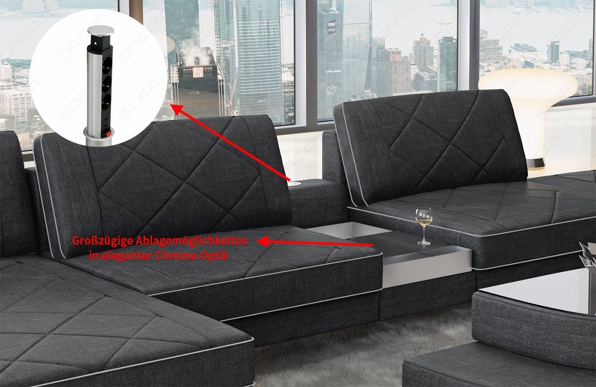Hellgrau-Weiss Stoff Couch Form XXL Bari Wohnlandschaft Polster Designersofa Sofa Sofa LED, Dreams USB_Anschluss, Polstersofa, U C76 Stauraum, mit