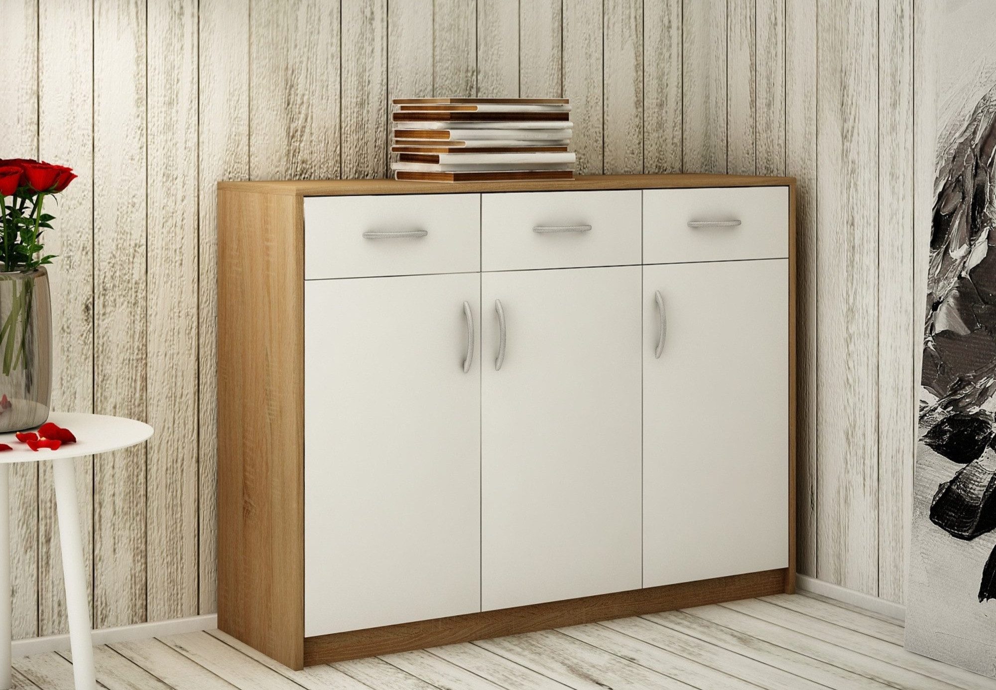 Home Collective Kommode mit 3 Schubladen und 3 Türen in matter Ausführung, Kommode 110cm (mit hochwertigen Polymergriffen, Hergestellt aus laminierten Platten, Metallrollen mit Auszugsperre), Holz Schrank Kommode mit Schubladen sonoma weß