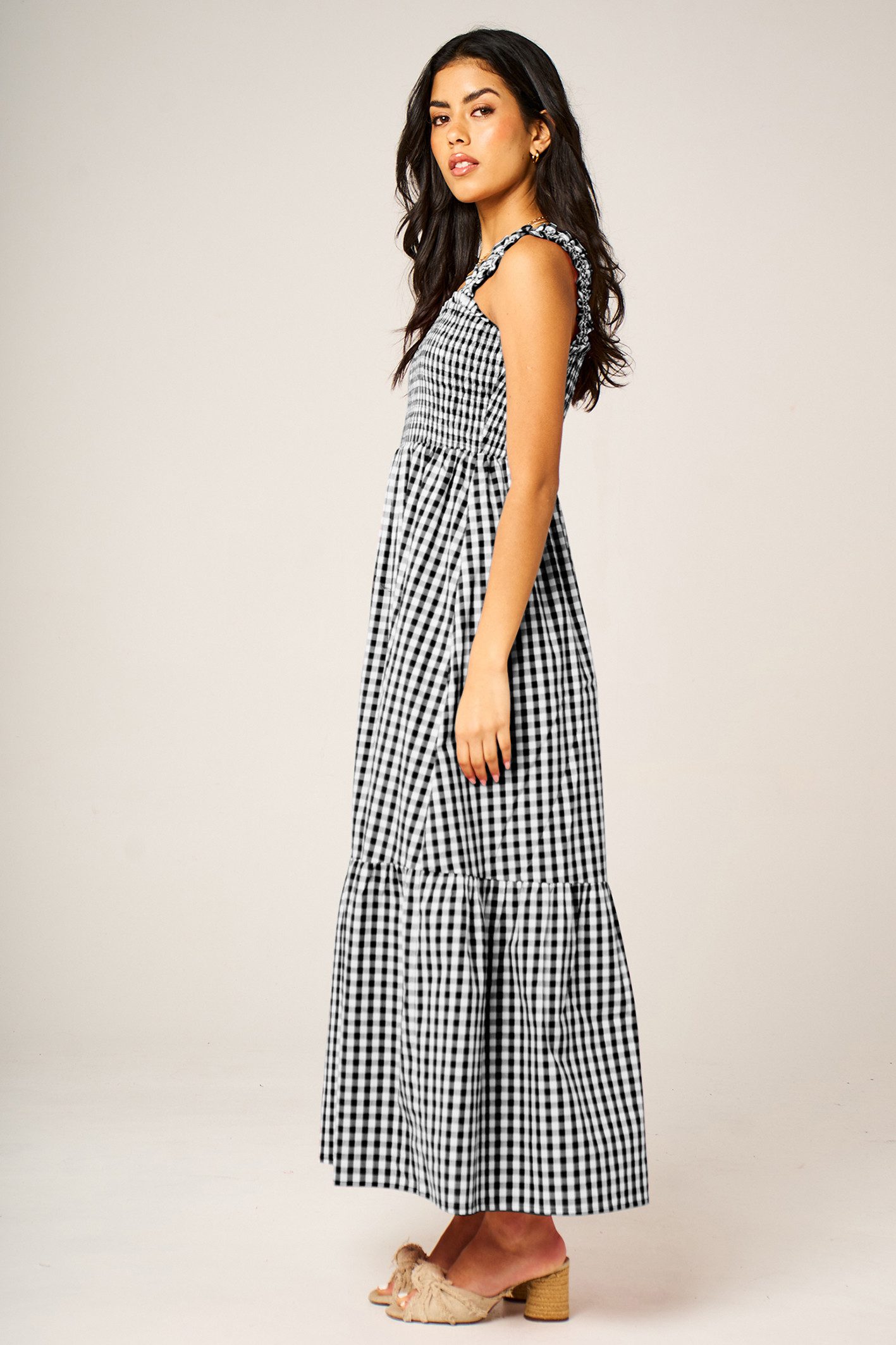 FS Collection Trägerkleid Damen Trägerkleid Maxikleid Sommerkleid Freizeitkleid Kariert (XS (EU:36 / UK:8) · S (EU:38 / UK:10) · M (EU:40 / UK:12) · L (EU:42 / UK:14) · XL (EU:44 / UK:16) Gesmoktes Oberteil, Vichy-Karo, gestufter Rock, breite Träger