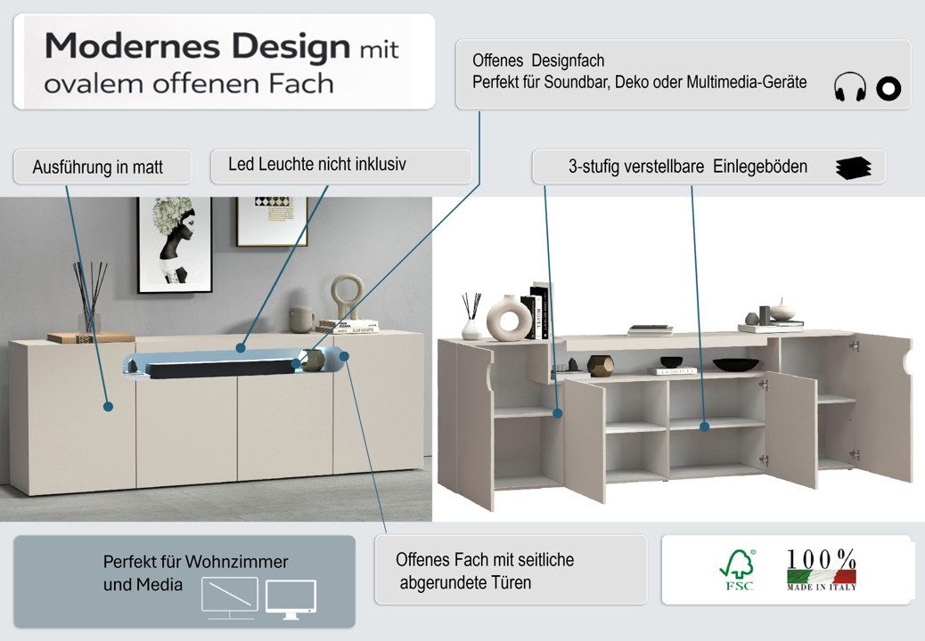 OTTO home Sideboard Sideboard REAL, Kommode, Schrank, Kredenz (1 St), Mit 4 Türen, davon 2 abgerundet, die ein ovales offenes Fach bilden