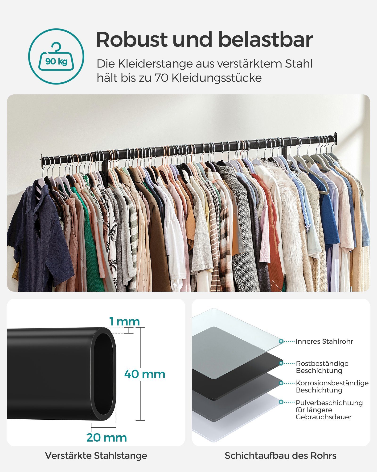 SONGMICS Kleiderständer Schwerlast-Garderobenständer ausziehbare Kleiderstange, bis 90 kg belastbar, einfache Montage, auf Rollen, transportabel – Bild 3 von 5