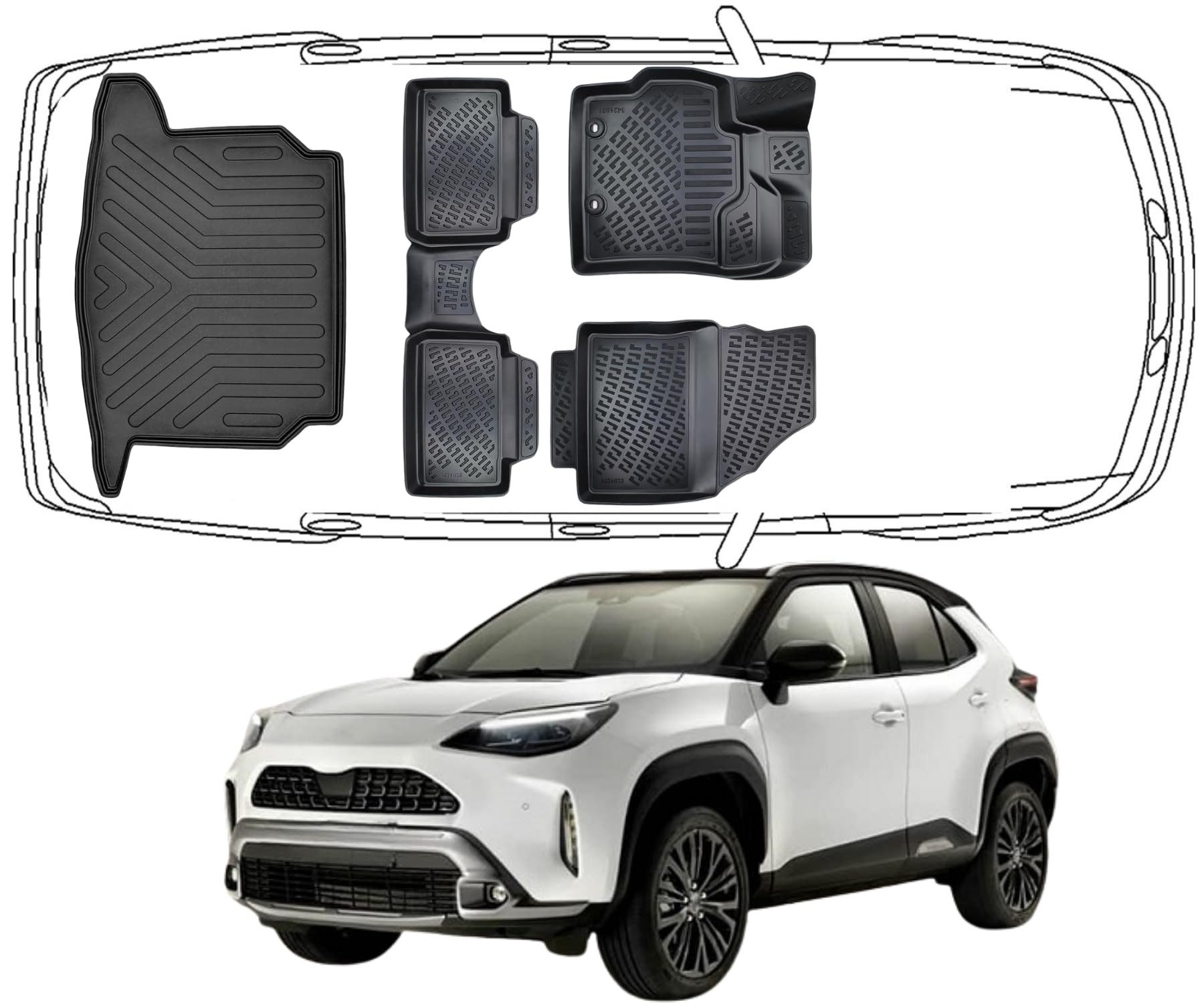Trimak Passform-Fußmatten Oder Kofferraumwanne Oder Set für Toyota Yaris, Toyota Yaris Cross ab 2020 Gummimatten Auto & Untere Kofferraummatte