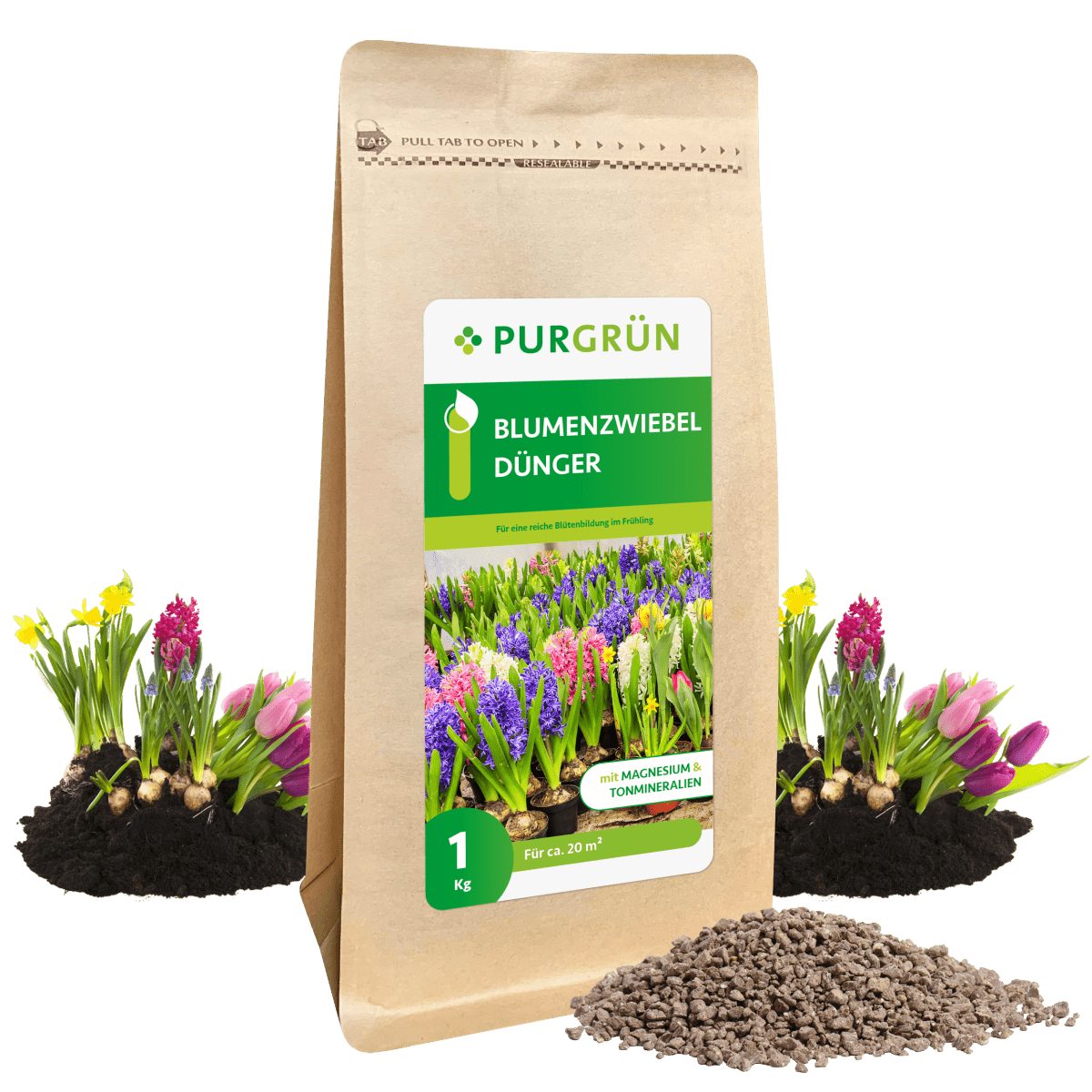 Purgrün Blumendünger Blumenzwiebel Dünger, NPK 5+4+6, Magnesium, 1 kg, Granulat, 1-St., 1 kg, Extra Kalium für kräftige und gesunde Blumenzwiebeln