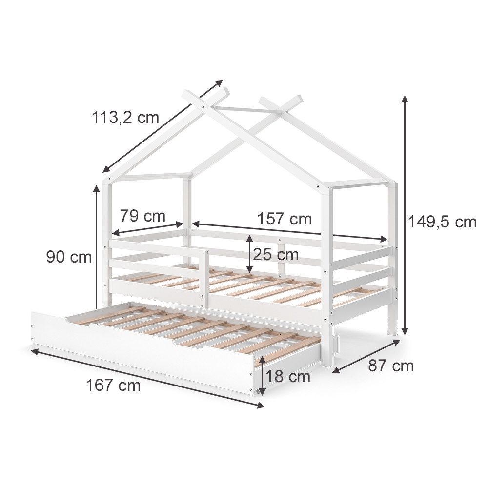 VitaliSpa® Hausbett Luni, Weiß, 160 x 80 cm mit ausziehbarem Gästebett (2-tlg)