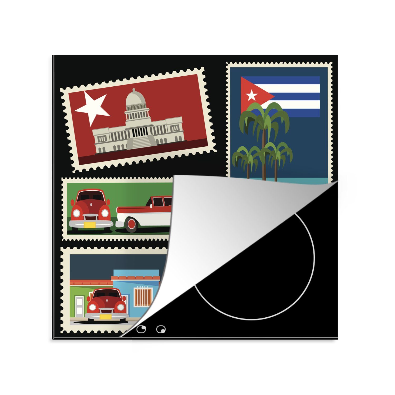MuchoWow Herdblende-/Abdeckplatte Fünf 78x78 Ceranfeldabdeckung, kubanische (1 cm, Briefmarken einer Arbeitsplatte in Illustration, Vinyl, tlg), küche für
