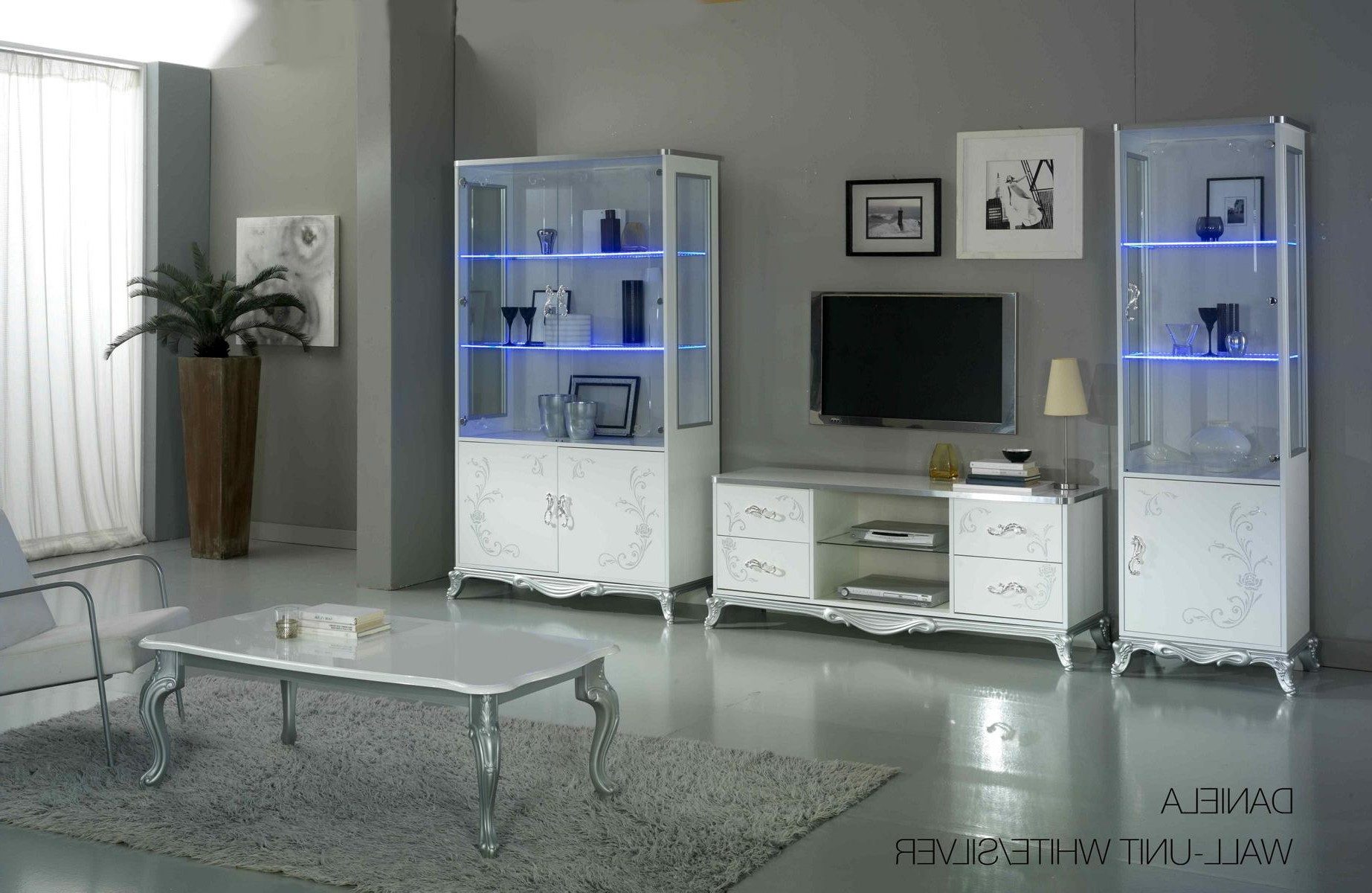 Xlmoebel TV-Schrank Wohnwand Set Vitrine Lowboard Wandregal Tisch Weiß-Silber 3 tlgs. Made in Europa