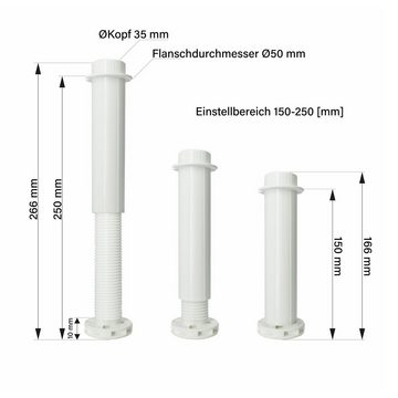 Prima-Online Stellfuß Möbelfuß Stützfuß Bettfuß Kunststoff Beine Weiß verstellbar 15-25cm