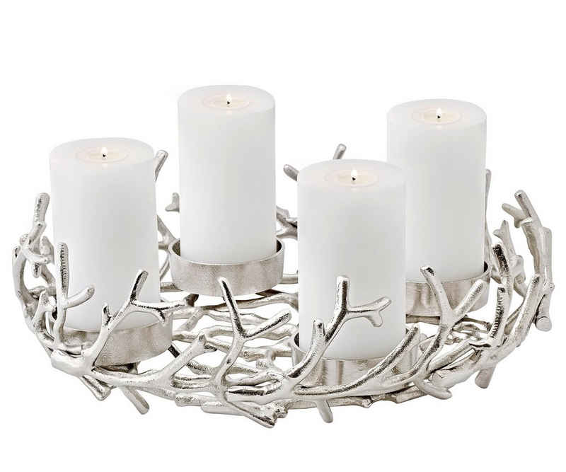 EDZARD Adventskranz Porus L, (42 cm) Kerzenhalter für Stumpenkerzen, Adventsleuchter als Weihnachtsdeko für 4 Kerzen á Ø 8 cm, Kerzenkranz als Tischdeko als Tischdeko mit Silber-Optik, vernickelt