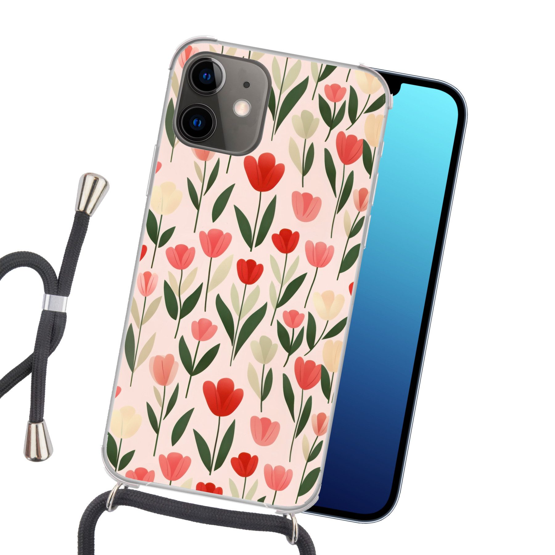 MuchoWow Handyhülle für Apple iPhone 12 Tulpen - Modern - Rosa, Tragbare Handyhüllen mit Kette zum umhängen, Handykette Handyband