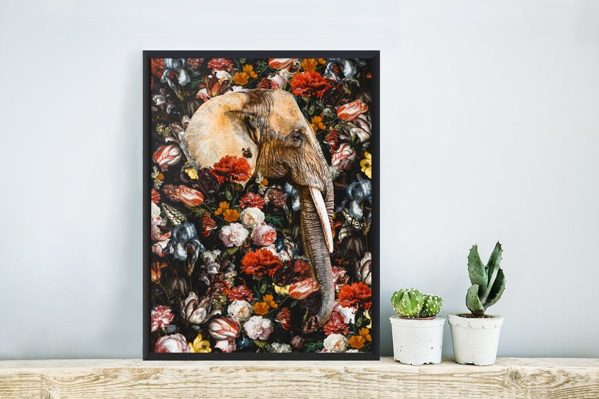 MuchoWow Poster Elefant - Wandposter, - Poster, Schwarzem Gerahmtes (1 Illustration, Blumen Bilderrahmen Bilder, Wanddeko, St)