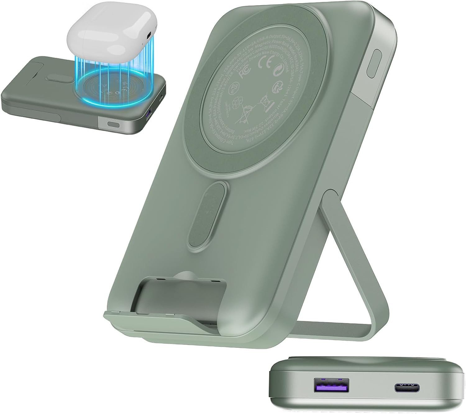NOBIS Powerbank MagSafe 10000mAh Magnetische Powerbank mit Ständer Powerbank, 22,5W PD Schnellladen, Kabellose Powerbank mit LED-Display USB-C USB-A