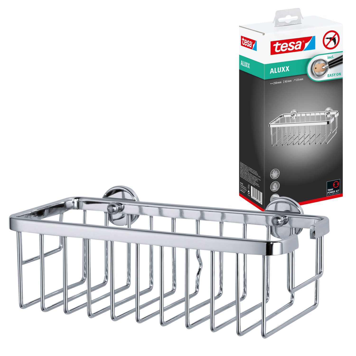 tesa Duschablage ALUXX Duschablagekorb ohne Bohren - 9,2 cm : 25 cm : 12,5 cm, Packung 1-tlg., selbstklebend - Hängeregal für die Dusche - chrom - silber glänzend