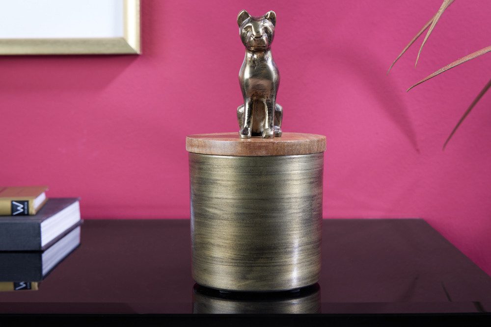 riess-ambiente Aufbewahrungsdose PANTHER 20cm gold – Metalldose mit Raubkatze & Holzdeckel (Einzelartikel, 1 St), Panther-Figur aus Metall, Deckel aus Mangoholz, Safari-Design-Dose