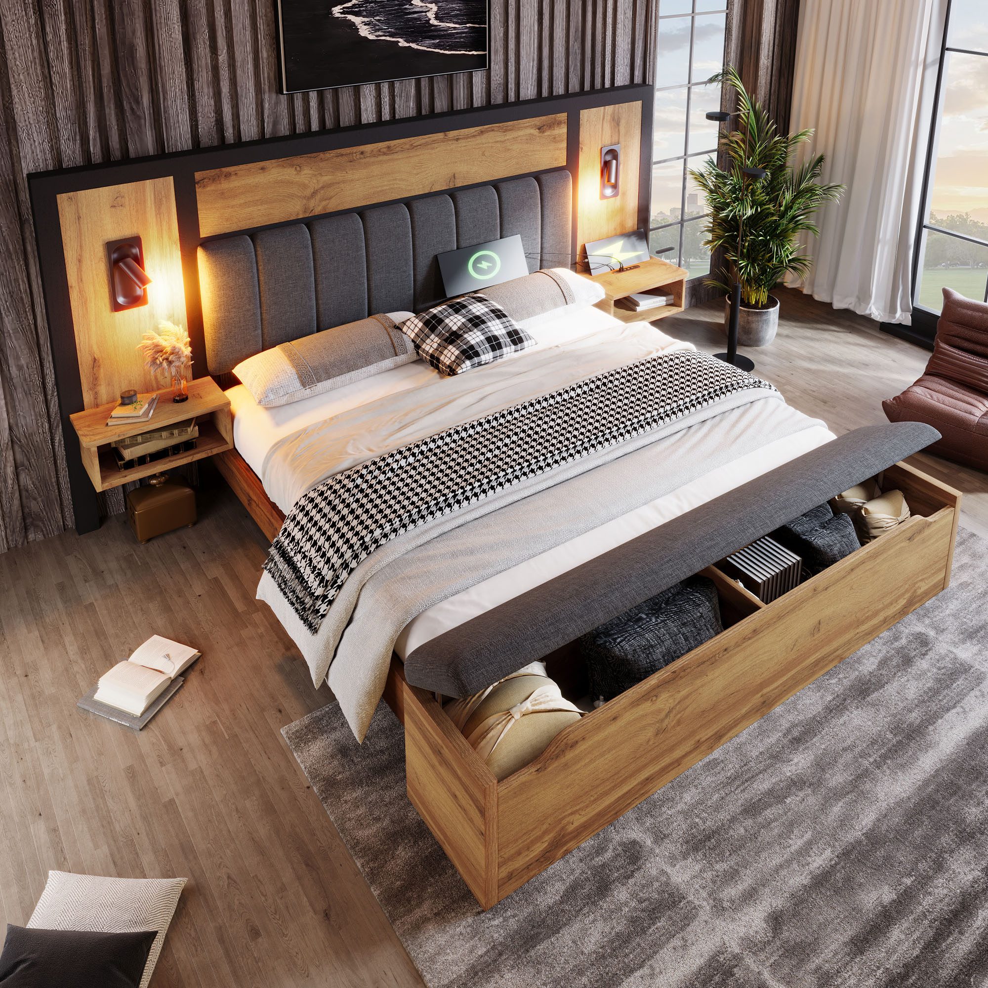 Flieks Holzbett, Doppelbett 180×200cm mit Leselampe, Nachttisch mit Auflade günstig online kaufen