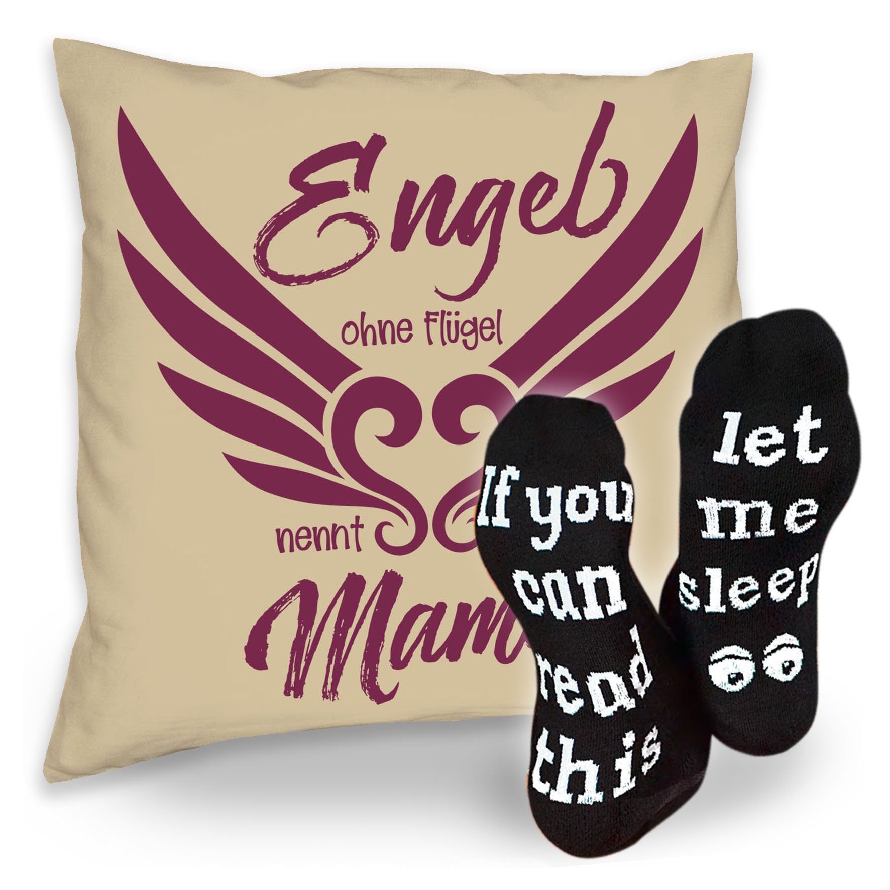 Soreso® Dekokissen Kissen Geburstag Muttertag Socken beige man nennt Weihnachten Mama Sprüche Geschenk ohne Sleep, Flügel & Engel