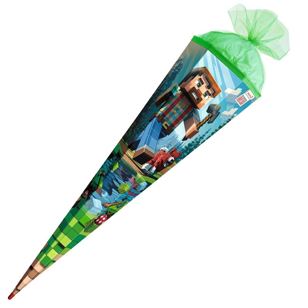 Roth Schultüte Motivschultüte Block Game, 100 cm große Zuckertüte zur Einschulung, Pixelwelt, XXL-Format, grüner Tüll, stabile ROT(H)-Spitze, Schulstart – Bild 4 von 5