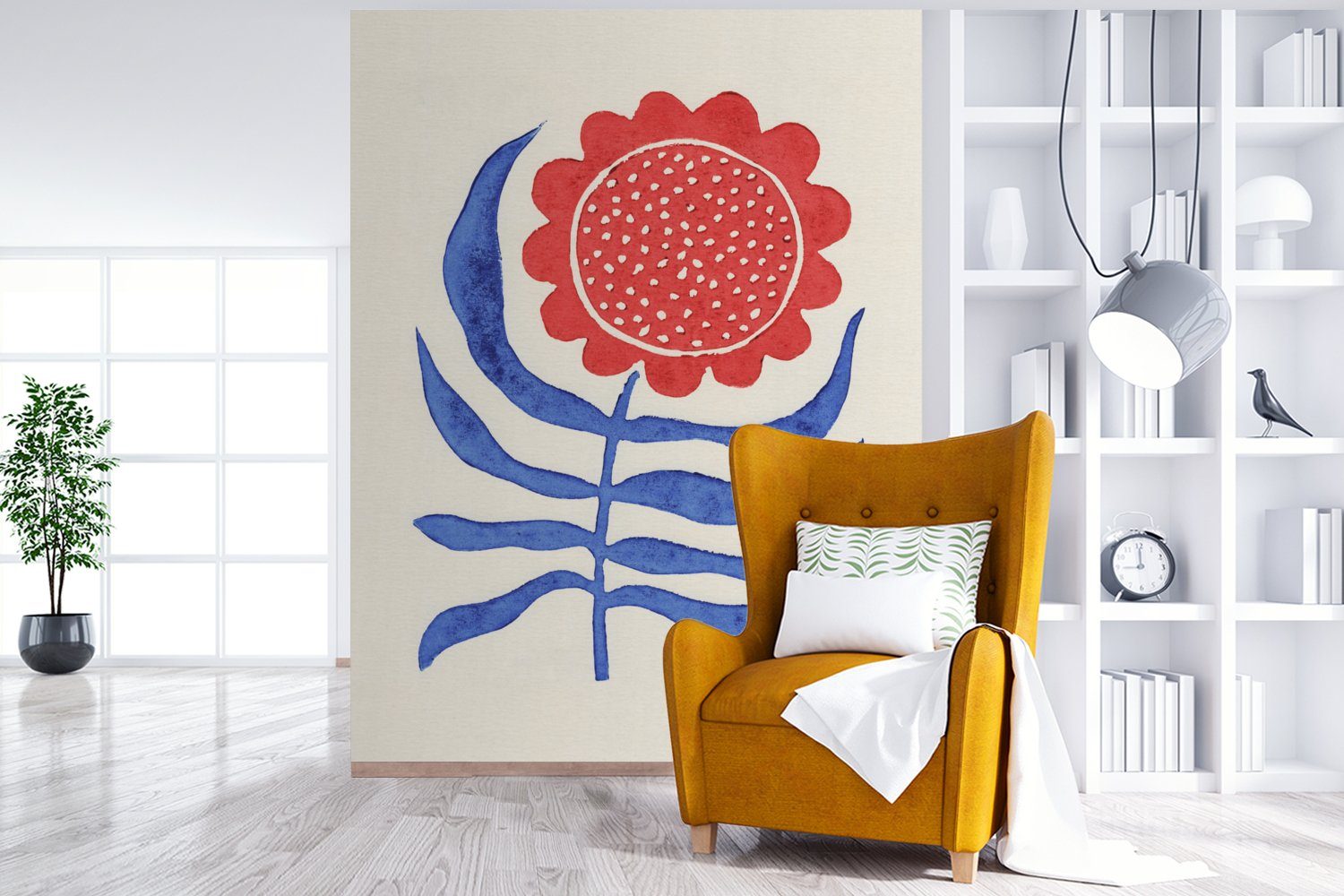 Wohnzimmer, - für Tapete Blau, MuchoWow Blume Rot Matt, bedruckt, Fototapete (4 Wandtapete Vinyl - St), Pflanze - Montagefertig