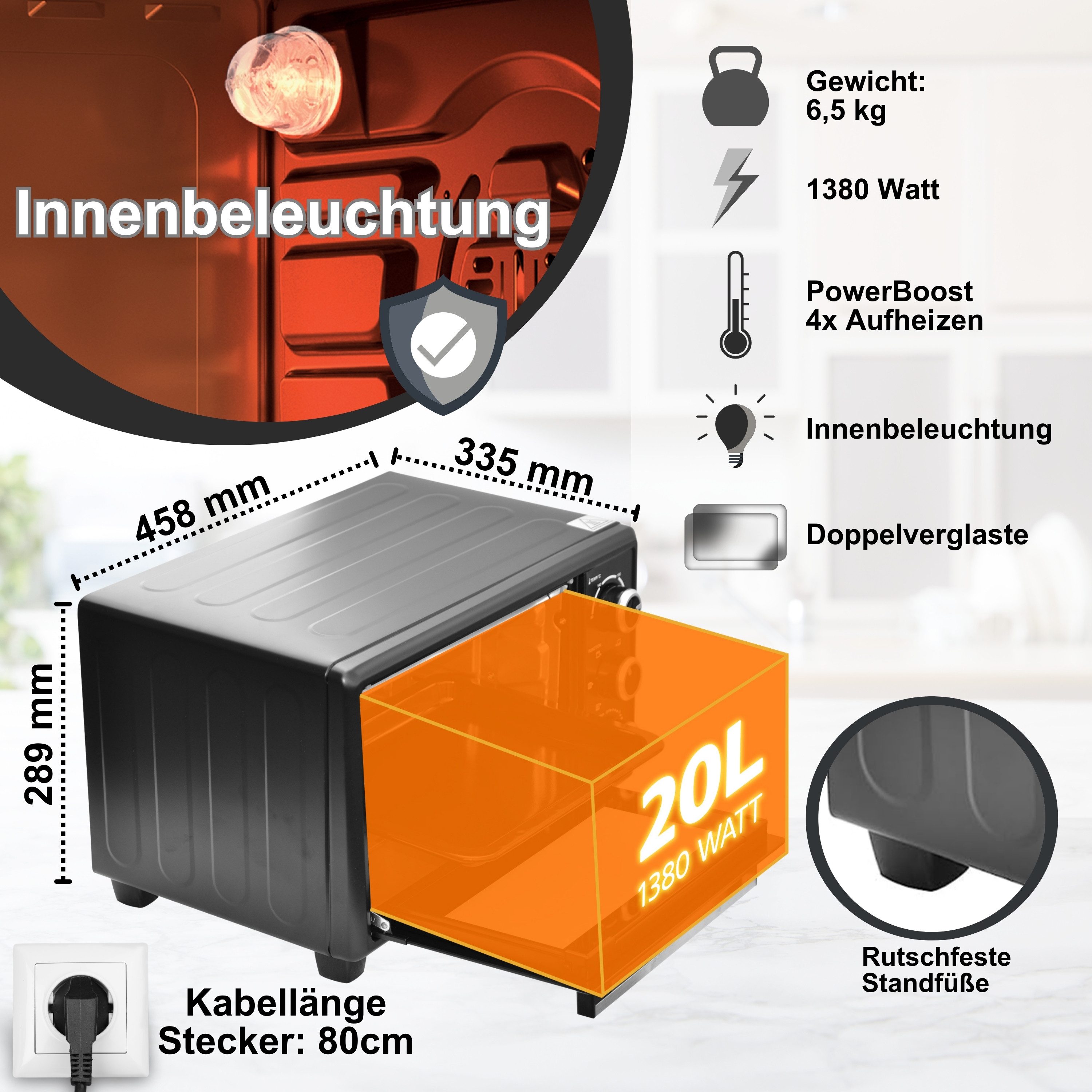 optimumX Minibackofen, 20 Liter mit Umluft, 1380W, 6 Kochfunktionen, 60 min, 90-230°C