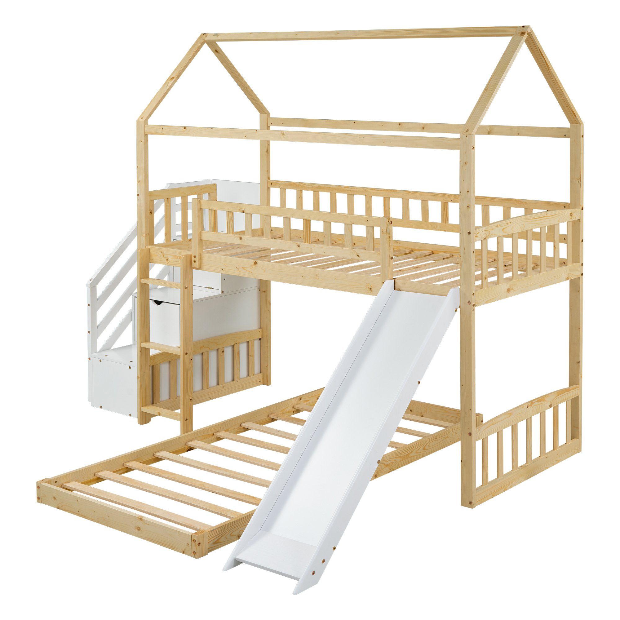 Treppe, 90 cm × 200 und Leiter, Rutsche mit Kinderbett Ulife Etagenbett Hochbett Stauraum,