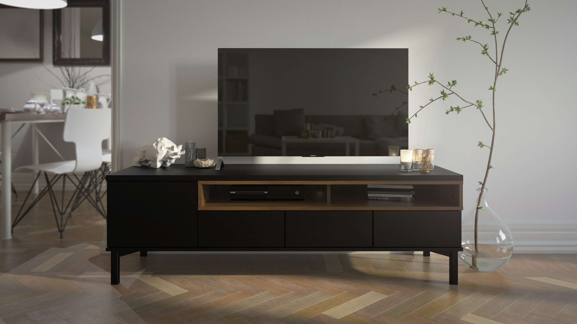 Home affaire TV-Board Roomers TV-Board, TV-Möbel, TV-Unit, Media-Möbel, Sideboard, Breite/Höhe 156/48 cm, 2 offene Fächer mit Rahmen-Optik, Kabelführung
