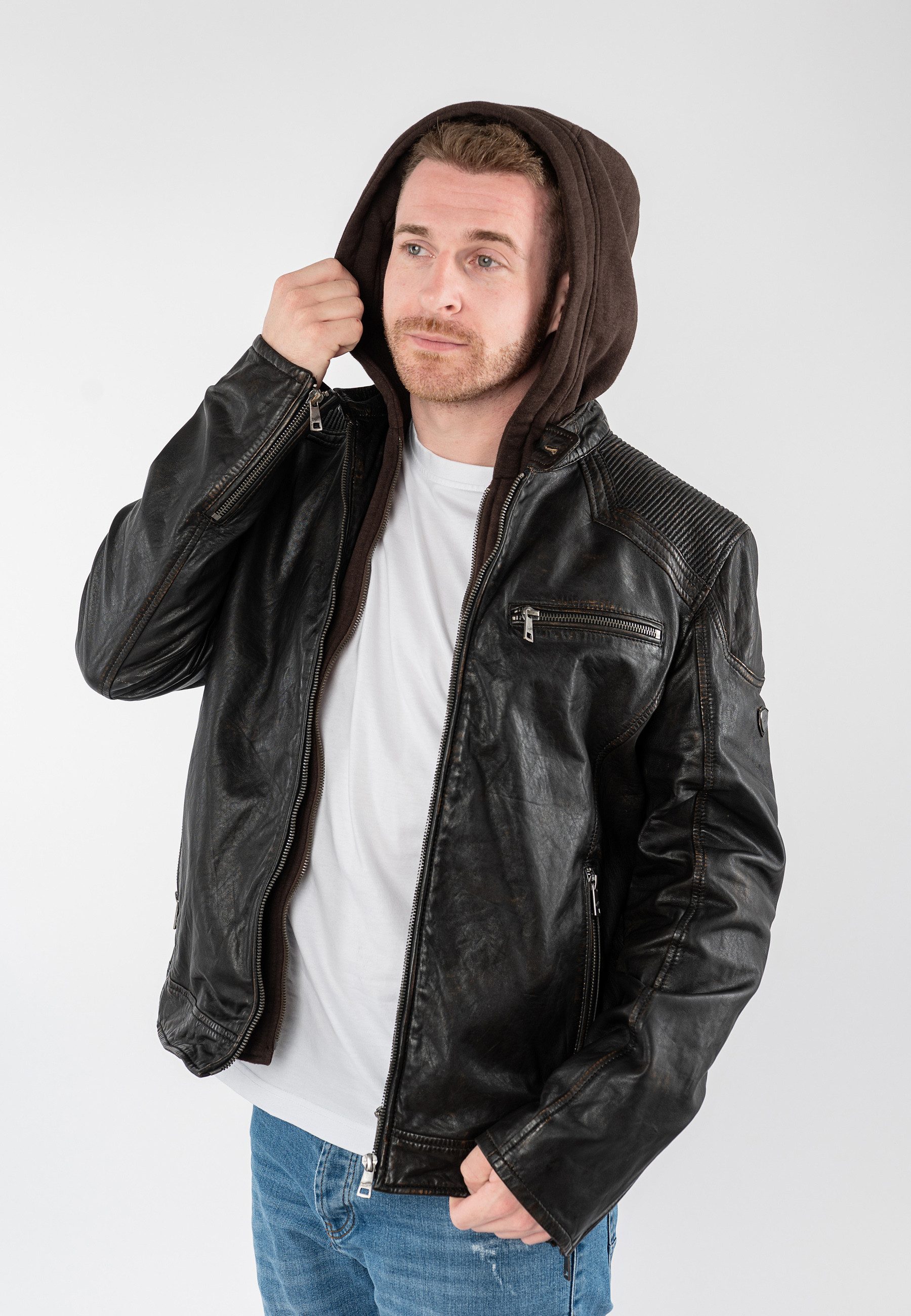 Mauritius Lederjacke MMWanjo mit abnehmbarer Jersey-Kapuze