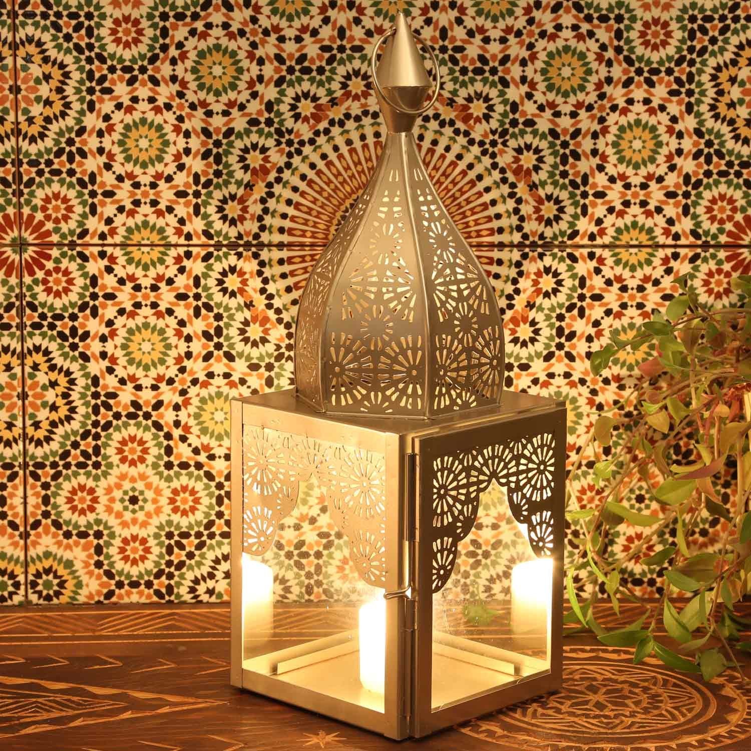 Casa Moro Bodenwindlicht Glas Nacht, aus Modena Marokkanische Minarette 1001 Windlicht IRL670, Orientalisches Weihnachtsbeleuchtung, Kunsthandwerk, marokkanische Glaslaterne M & aus Kerzenhalter Metall schöne Laterne Minarett wie Form, Höhe Silber 45cm