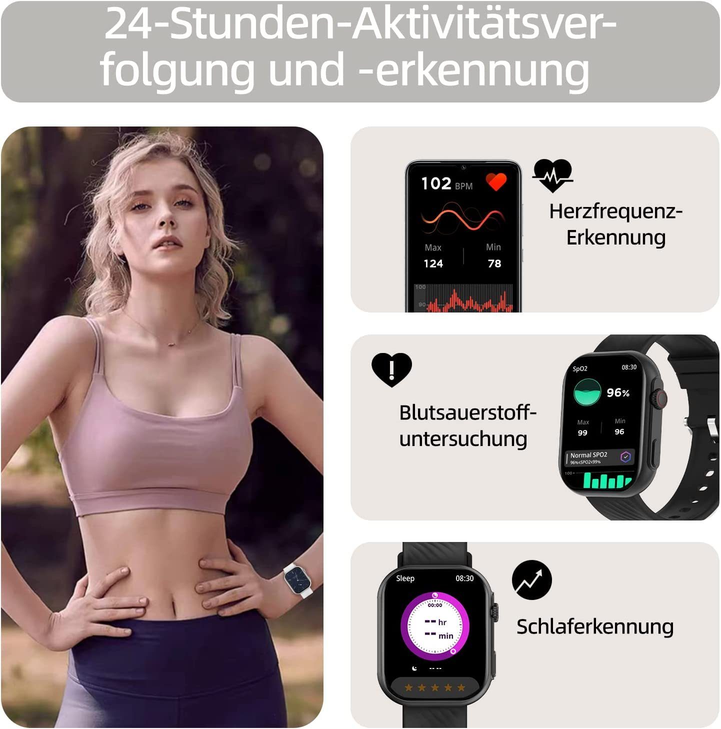 Yuede Smartwatch, Fitness Sportuhr mit Nachthimmel Blutsauerstoff, Schrittzähler, und mit Sportmodi, 100 2,01-Zoll-HD-Full-Touch-Farbdisplay und Gesundheits-Uhren AI (Quadratischer Schlafqualität, etc., Damen Tracker IP67 Schwarz Anruffunktion Wasserdichte mit für für uhr SNS-Benachrichtigung Android IOS Blutdruckmessung, Voice, als Musiksteuerung Zoll mehr Zoll) Herren Smartwatch Herzfrequenz