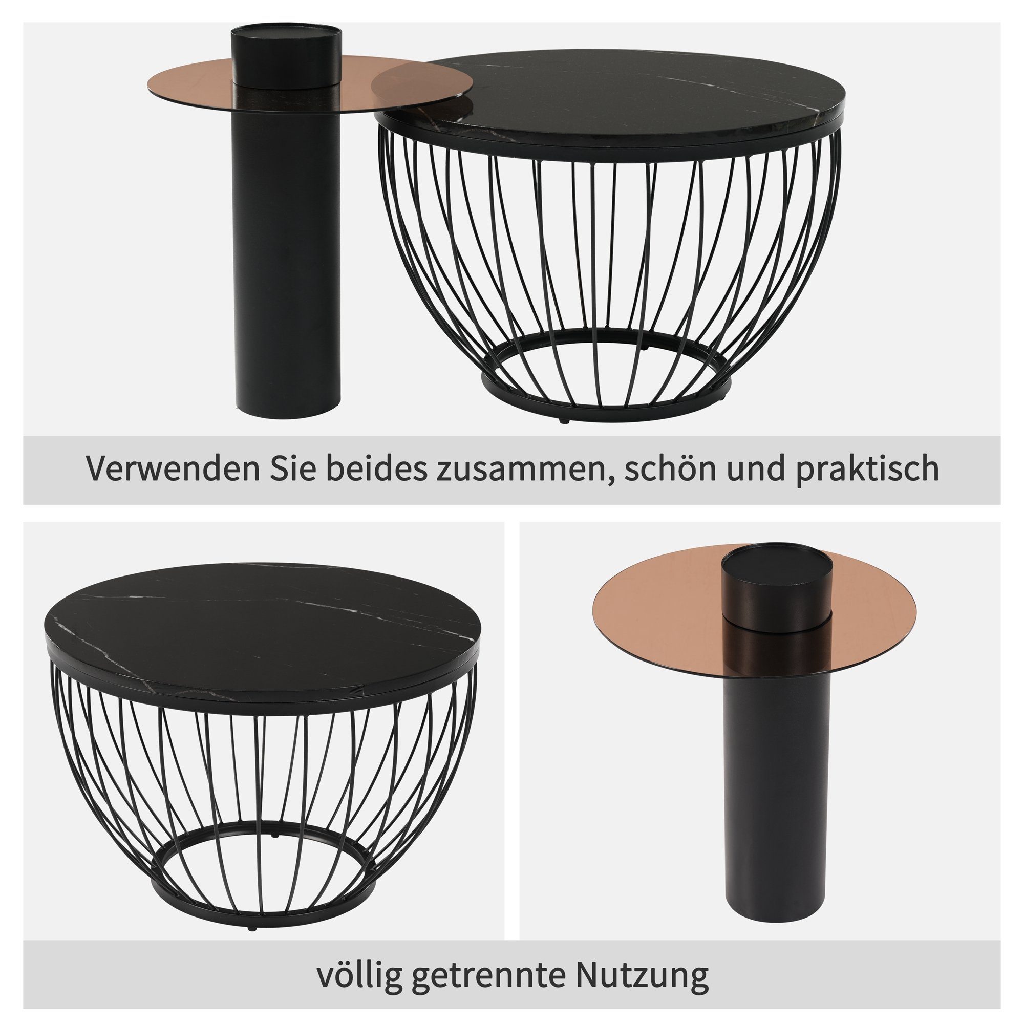 Couchtisch-Set, Schwarz Glas Holzoptik, Nest-Design, PVC Stahlrahmen, Elegantes MDF EXTSUD & Couchtisch & Nesting