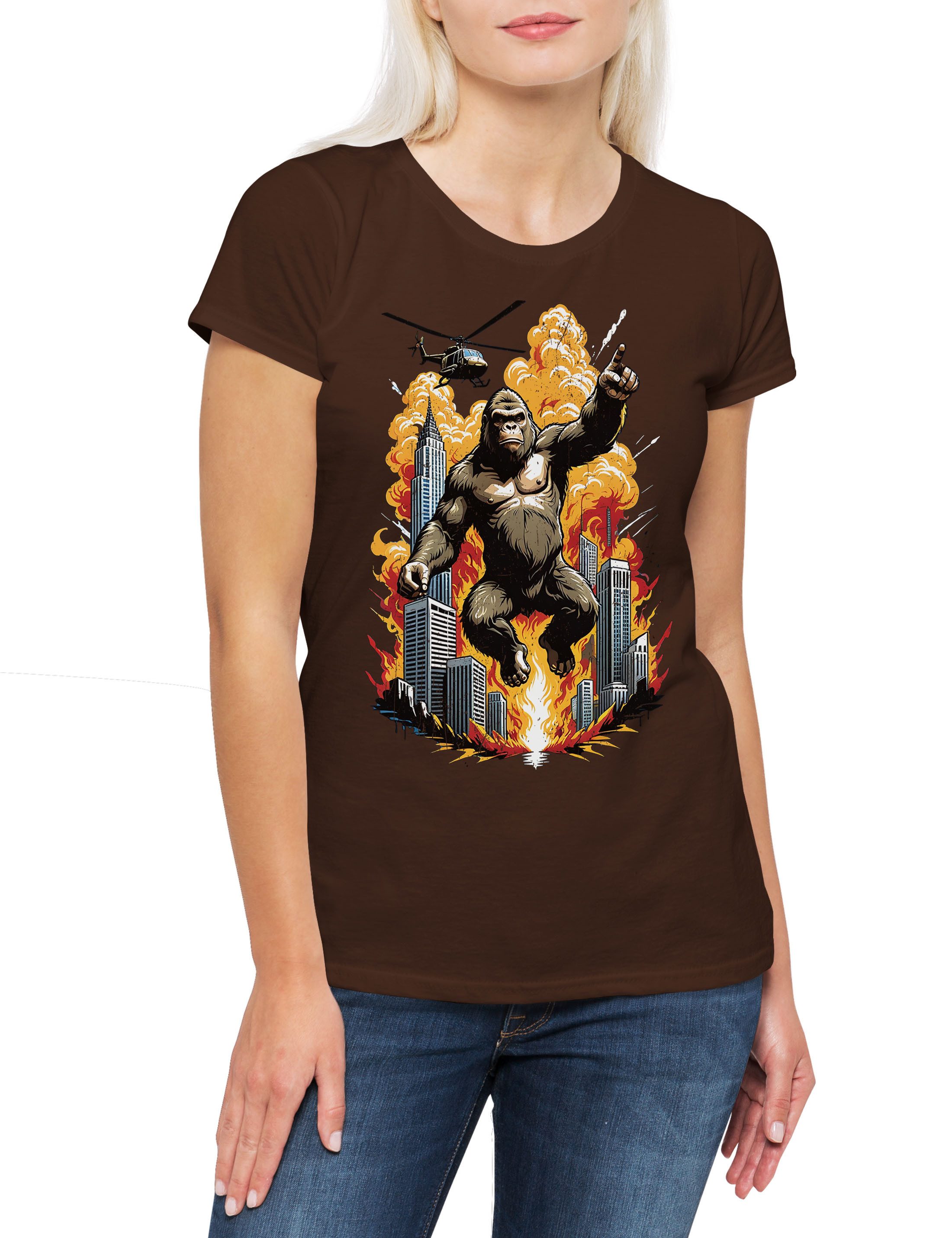 Print-Shirt Skyscraper Kong Damen T-Shirt Ape Affe Japan Insel King Kaiju Giant