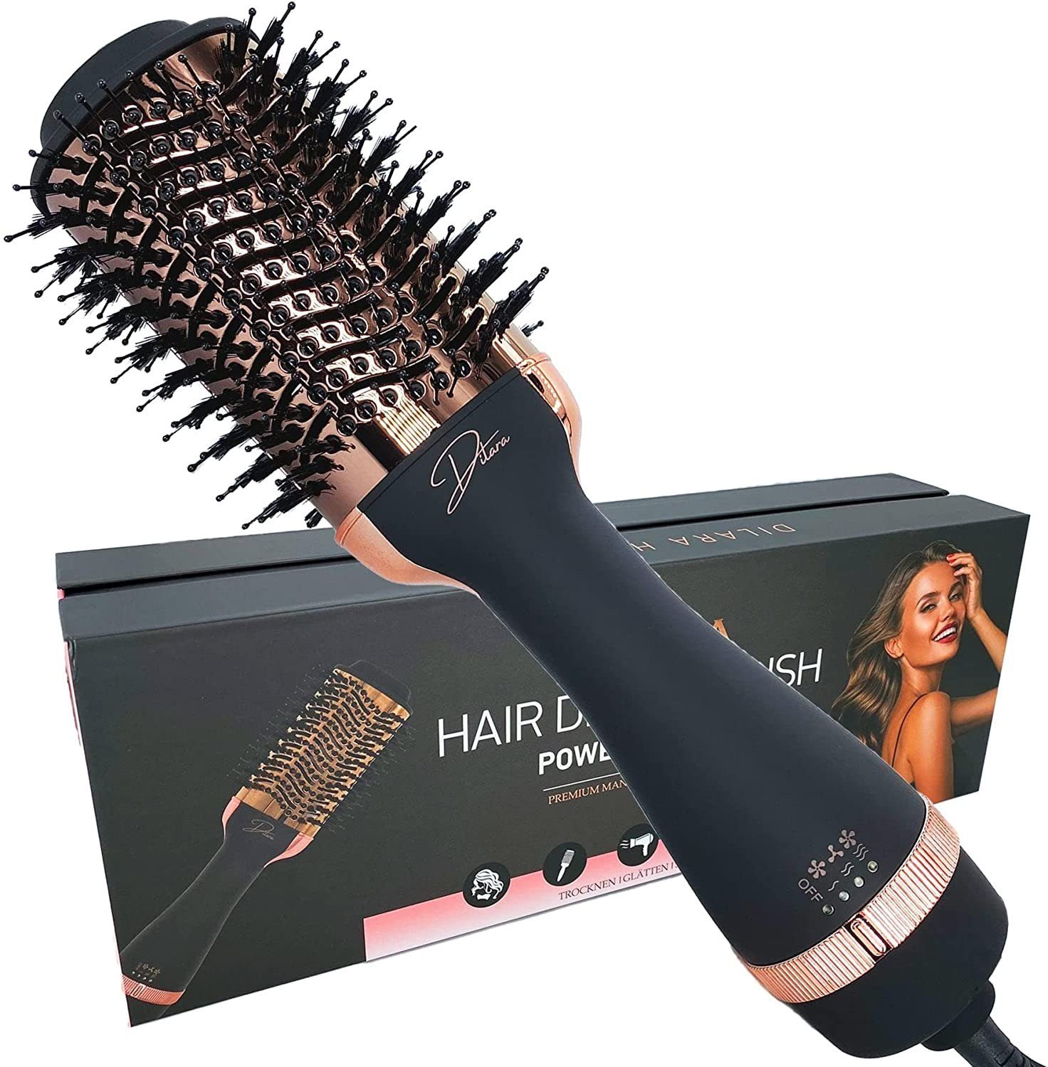 Dilara Elektrohaarbürste Warmluftbürste Föhnbürste 3 in 1 Haartrockner I Rundbürste mit Föhn, Salon-Styling in Minuten – mit Glanz, Volumen & perfektem Finish
