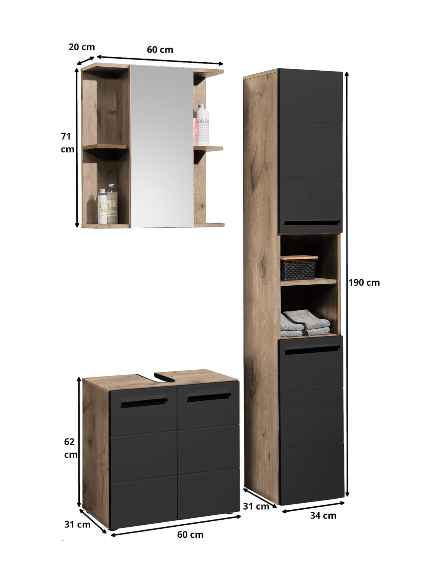 moebel-dich-auf Badezimmer-Set VALENCIA, (Hochschrank, Waschbeckenunterschrank, Spiegelschrank, MDF-Fronten tiefgezogen, Korpus melaminbeschichtet)