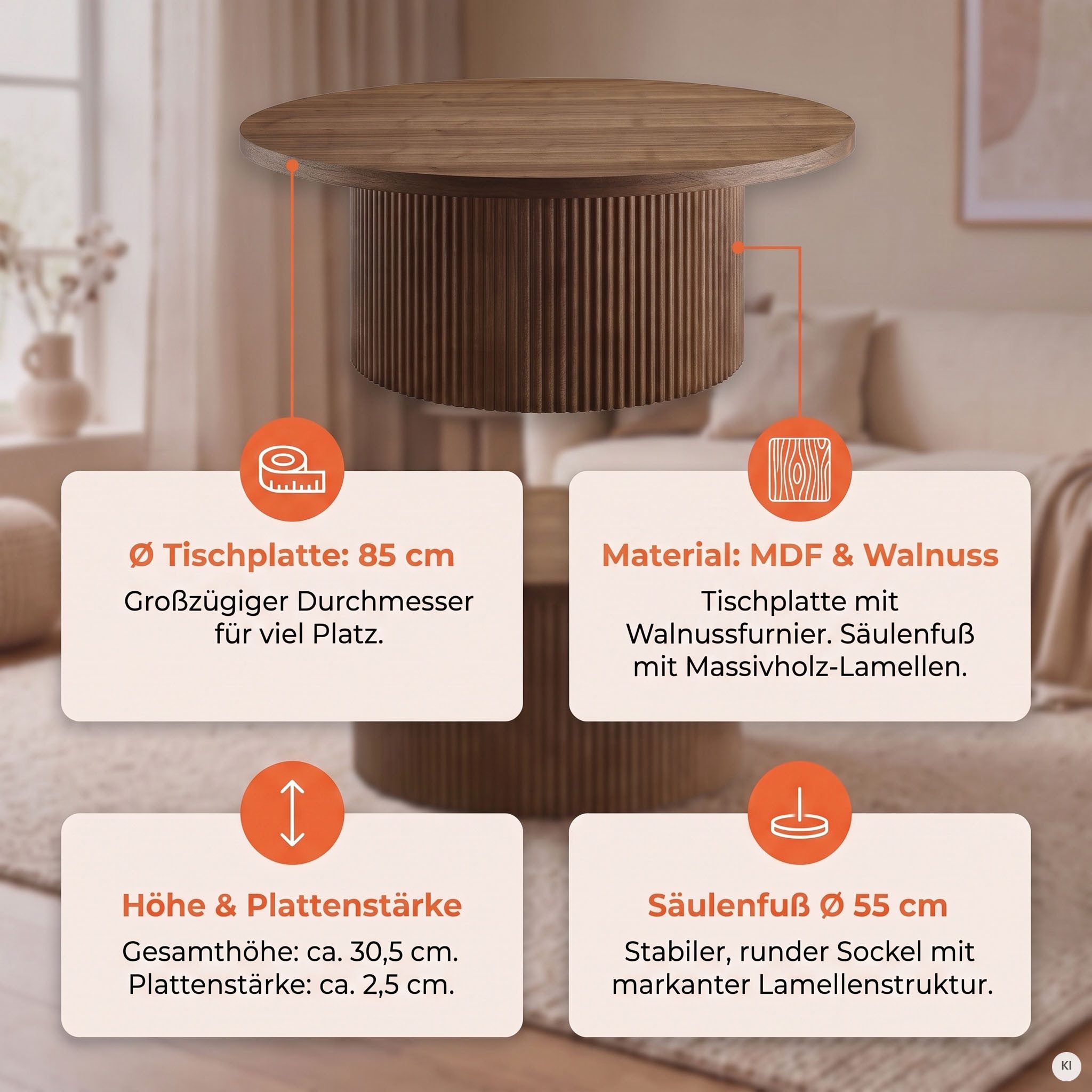 SalesFever Couchtisch mit Massivholz-Lamellen, Ø 85 cm (1-St), Moderner Wohnzimmertisch aus Holz in natürlichem Look – Bild 5 von 5
