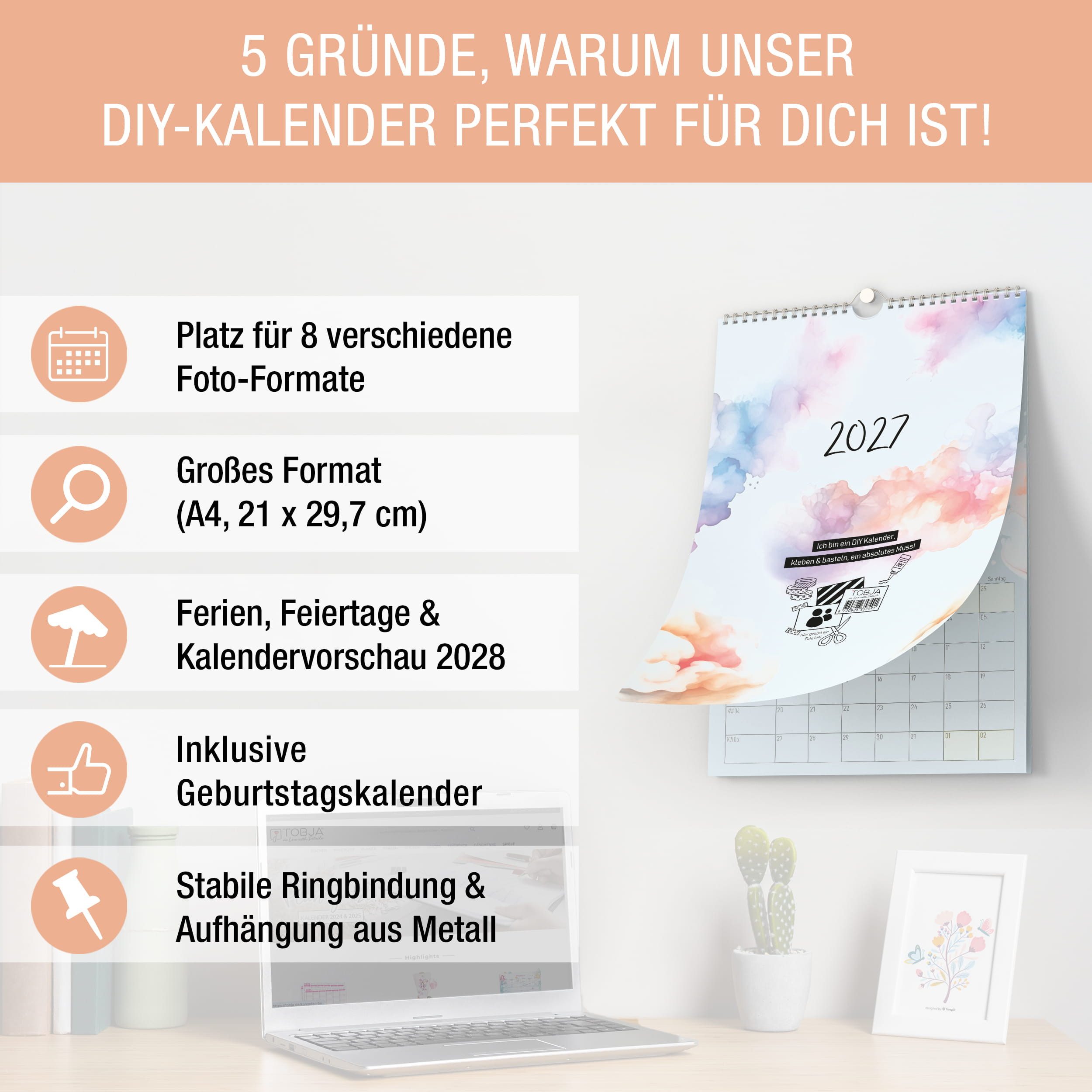 TOBJA Kalender zum Selbstbasteln DIY Foto-Kalender 2027 A4 zum Selbstgestalten Bastelkalender 250g, Foto-Formate flexibel, 250g Papier, Ringbindung, Schulferien DE+AT